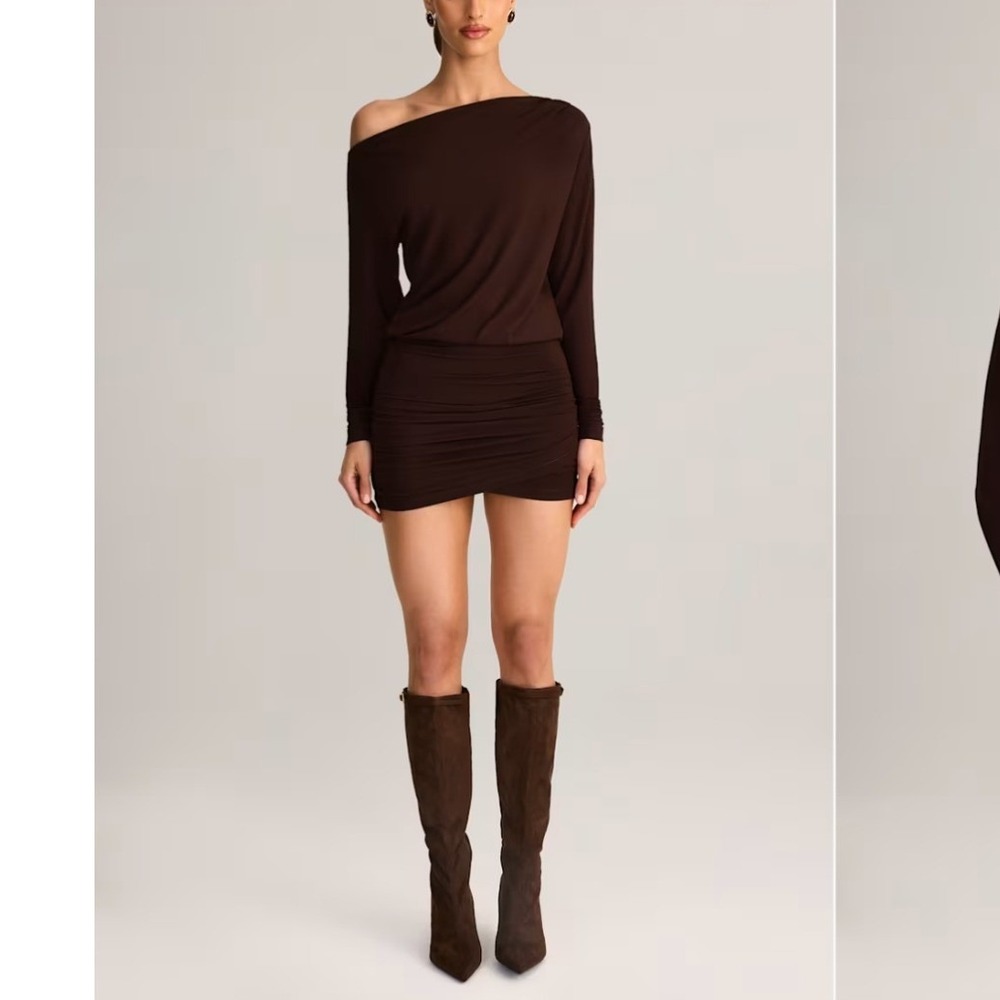 Oh Polly Mira Chocolate Brown Tencel Modal Off-Shoulder Ruched Mini Dress XS NEW